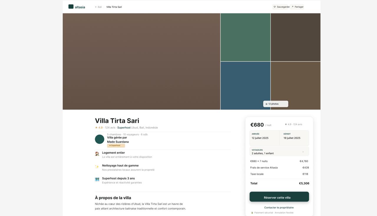 Capture d'écran d'une plateforme de réservation de villa de luxe, avec galerie photo et widget de réservation