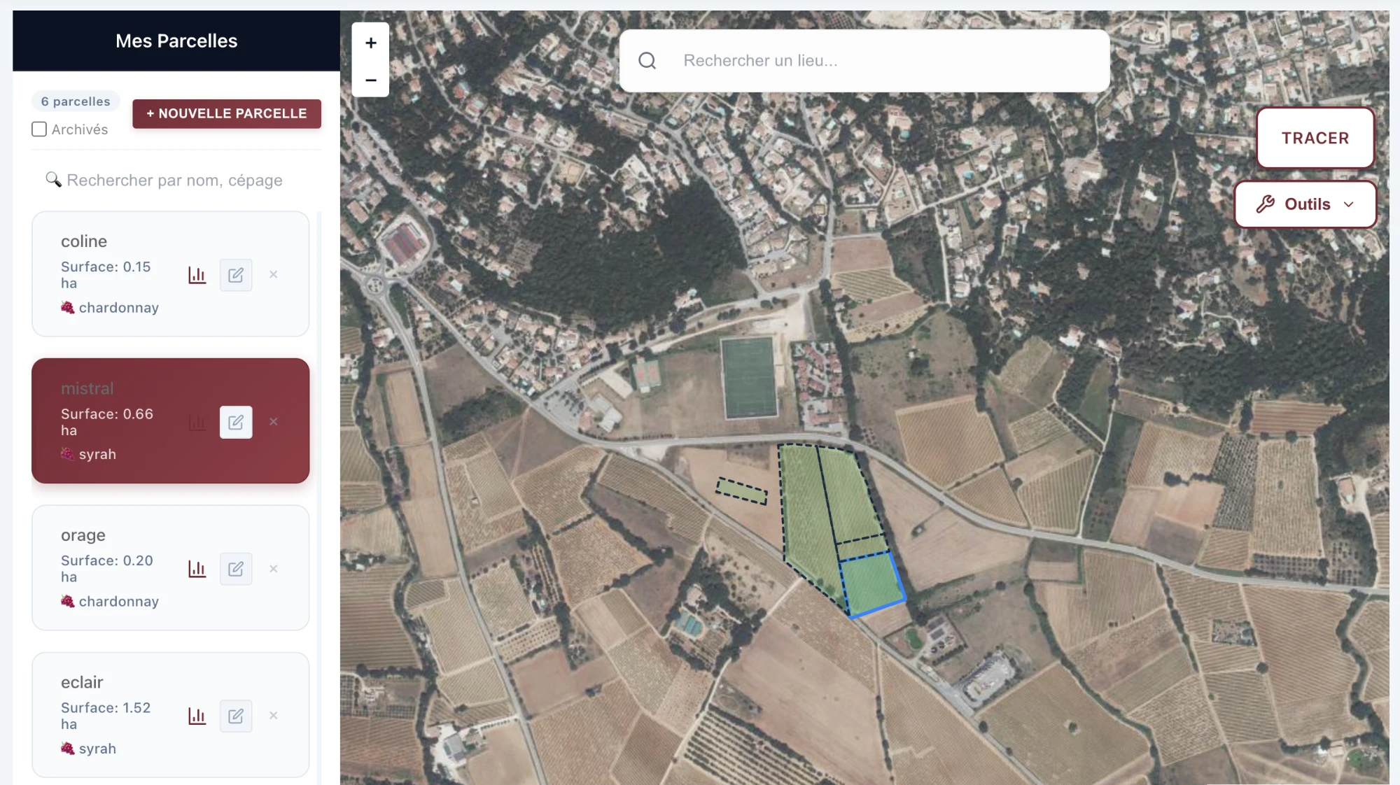 Cartographie des parcelles — suivi géolocalisé de chaque îlot, cépage et surface du domaine