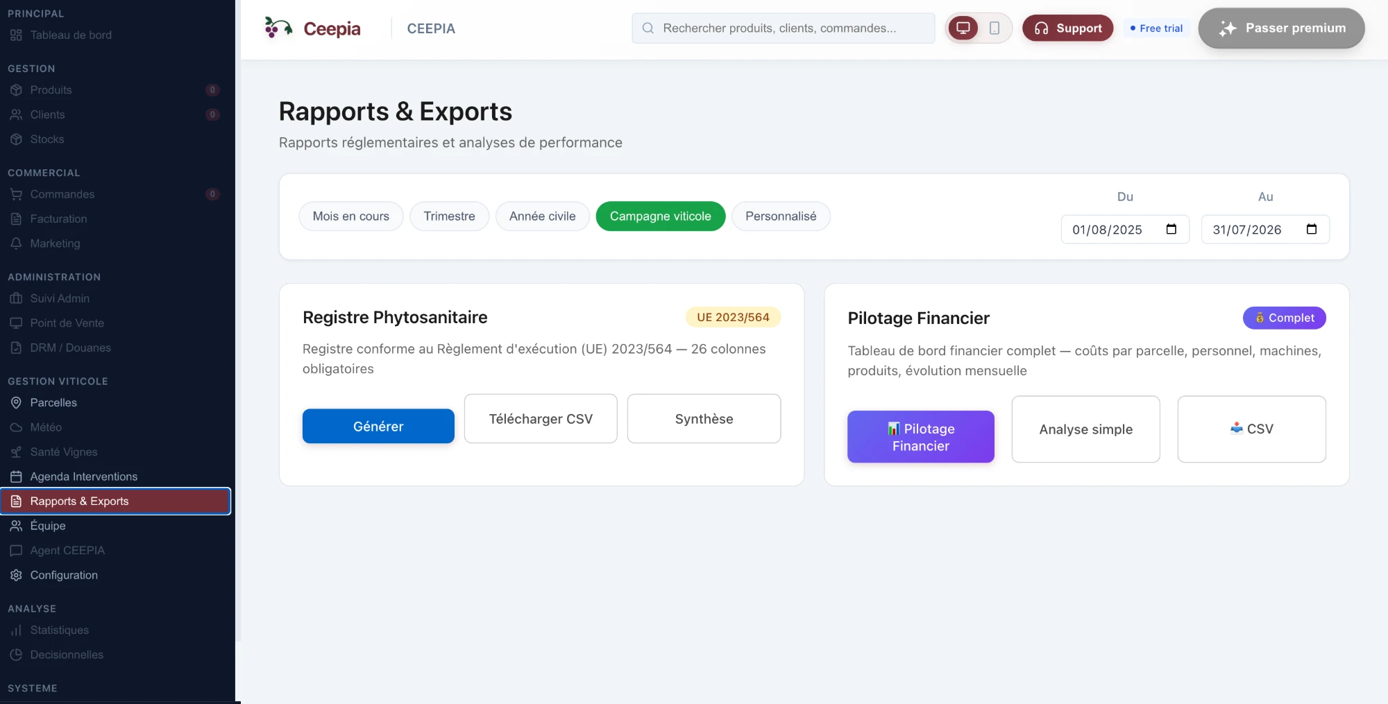 Rapports & Exports — registre phytosanitaire conforme (UE 2023/564) et pilotage financier en un clic